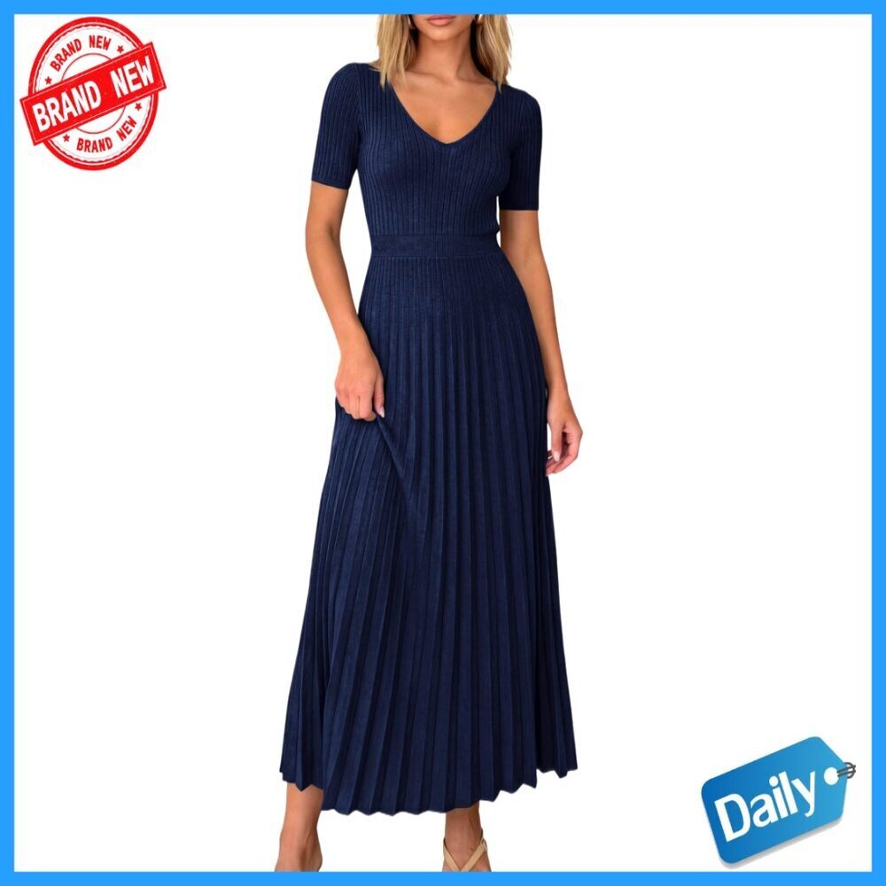 Midi Sweater Dress V-Neck Short Sleeve Pleated Ribbed Knit A-Line Summer